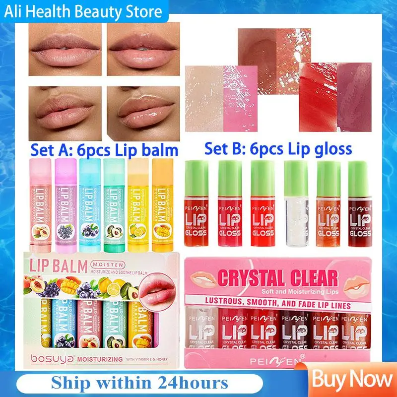 6pcs/Set Lip Gloss Moisturizing Lip Balm Hydrating Transparent Lip Plumper Oil Lasting Nourishing Lips Glaze Beauty Make Up Set