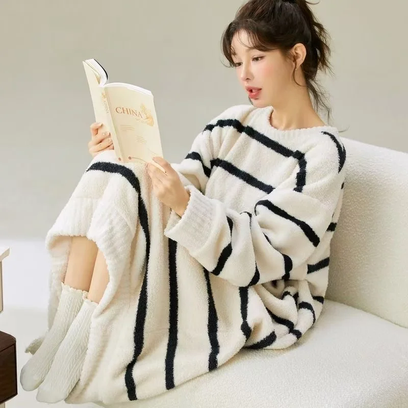 Women Home Clothes Nightdress Winter Flannel Thick Warm Nightdress Round Neck Home Wear Loungewear Sleepwear