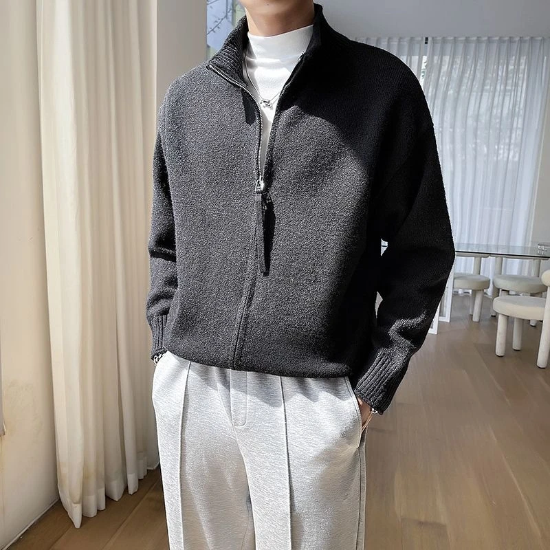 

​ Осень-зима 2024, новый мужской повседневный вязаный кардиган на молнии с воротником-стойкой, однотонный свитер, куртка ​ Harajuku Fashion Overfit
