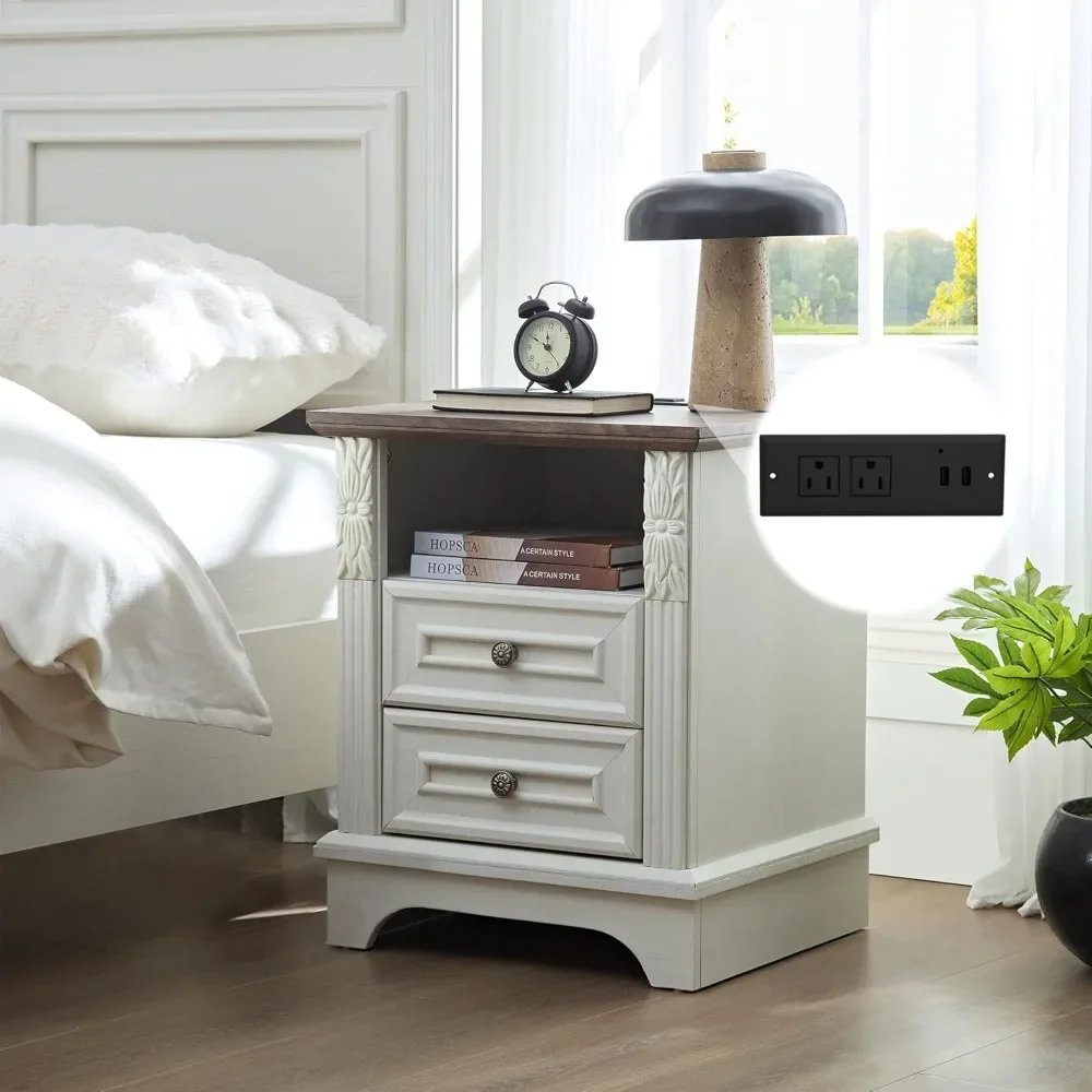 

20" End Table with 2 Drawers,Table Storage Cabinet with Carved Pilasters for Bedroom, Living Room, Wood Rustic, Antique White