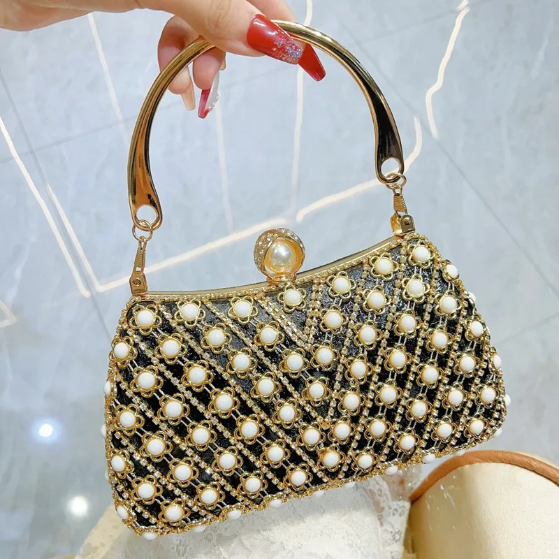 

2025 Luxury Design Brand Full Pearl Evening Clutch Bags Women Shiny Crystal Diamond Handbags Wedding Party Banquet Shoulder Bags
