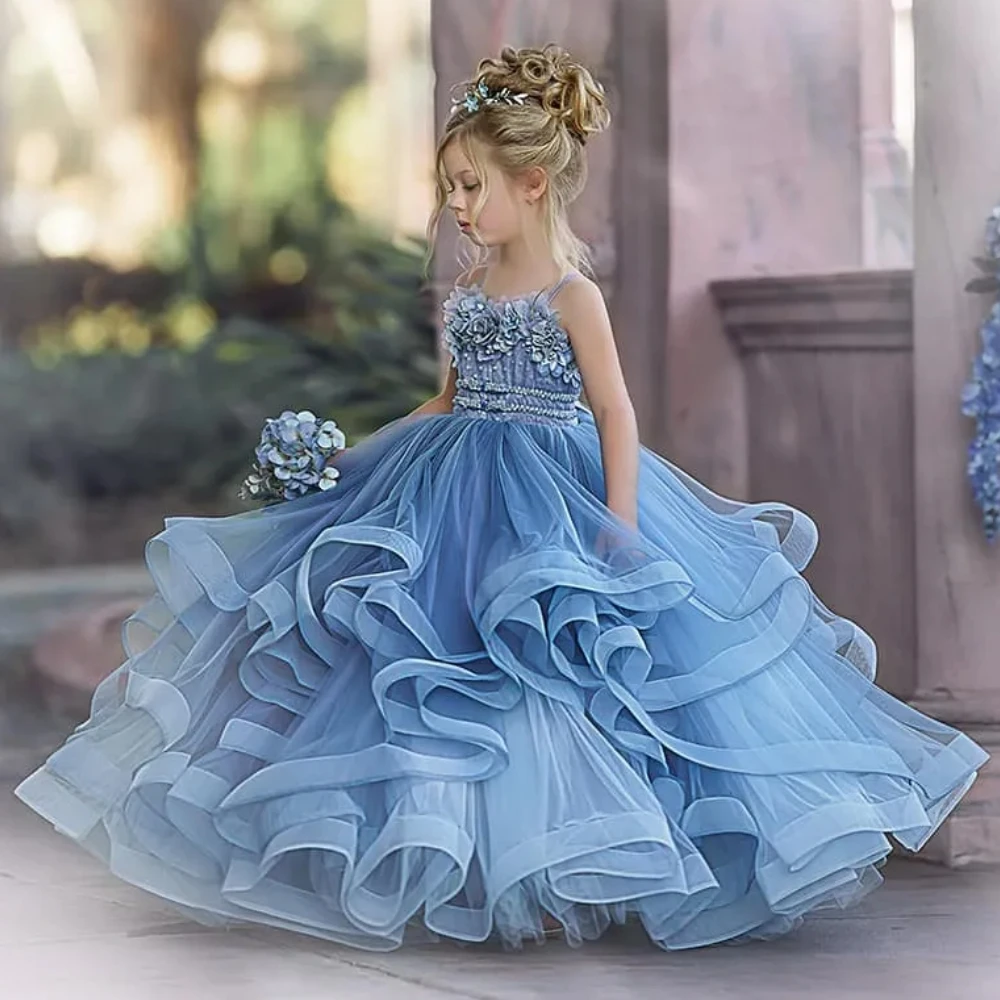 Customized Flower Girl Dresses Dusty Blue Tiered Floral Appliques Sleeveless For Wedding Birthday Banquet Holy Communion Gown