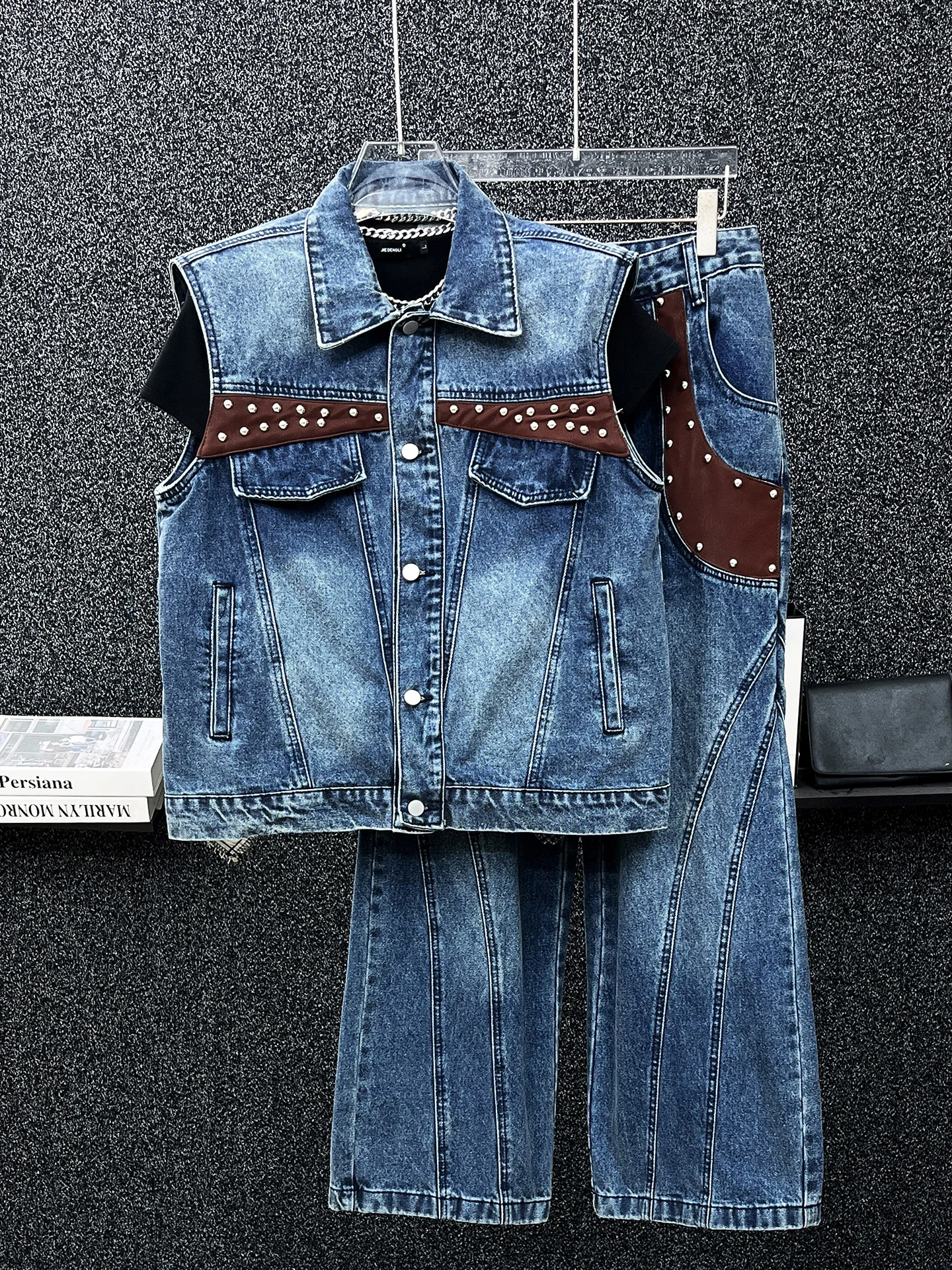 Japan and South Korea Summer Fashion Trend Sleeveless Denim Vest Suit Handsome Boys Senior Sense Rivet Splicing Trousers Suit