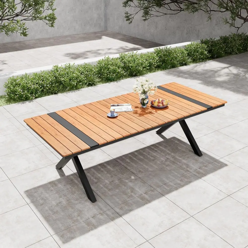 Weather-Resistant 94 Teak-Grain Outdoor Dining Table with Umbrella Hole for 8-10 People, Ideal for Patio, Deck, or Backyard