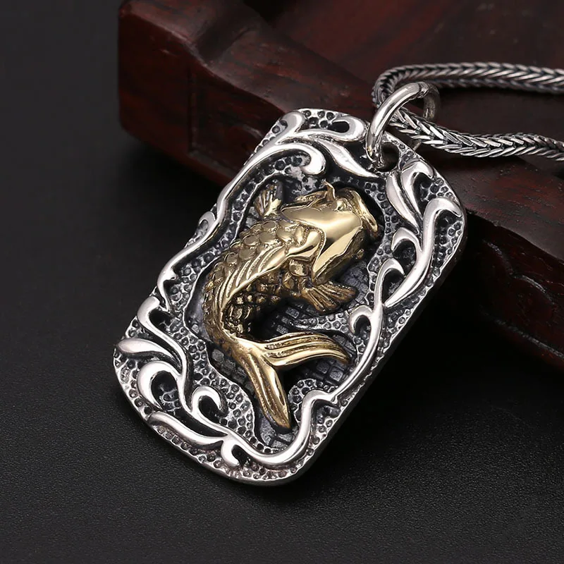 S925 Sterling Silver Fish Pendant Black Color Old Process Unisex Square Tag Carp Fine Jewelry FYNE415