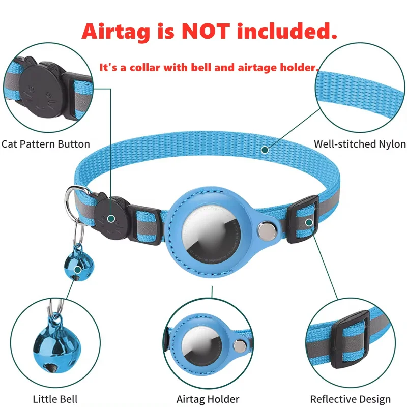 Anti-lost Cat Collar for Airtag GPS Tracker Protective Case with Bell Reflective Cats Necklace Kitten Puppy Pet Accesories