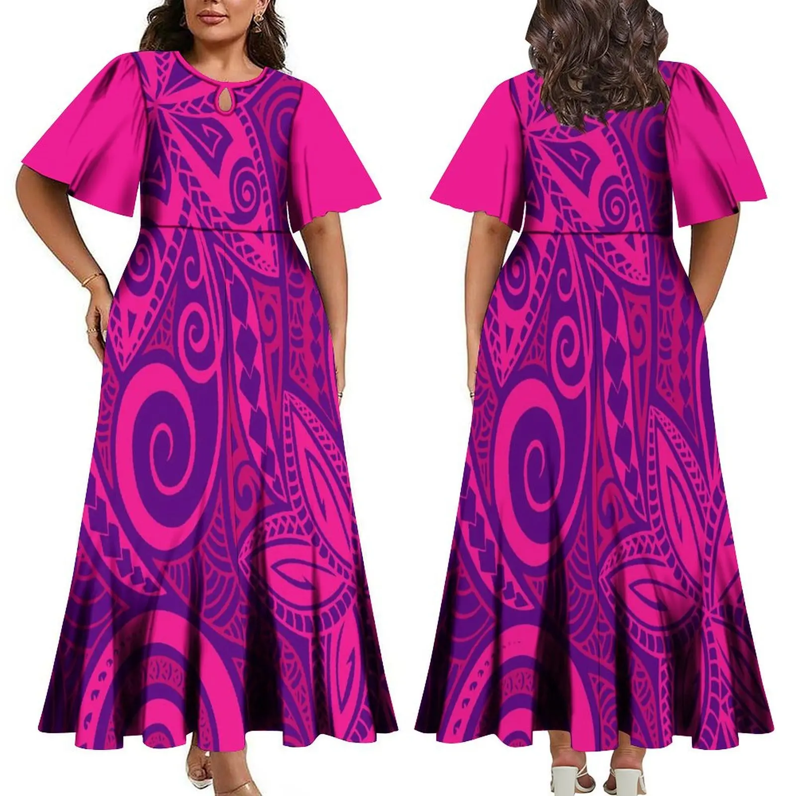 2024 Pacific Island Art atmungsaktiv o Kragen langes Kleid großes 6xl aus geschnittenes Trompetenärmel-Party kleid