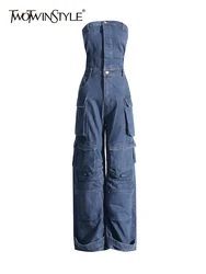 TWOTWurea YLE-Combinaison en denim sans bretelles pour femme, avec poches en patchwork, streetwear, taille haute, décontractée, nouvelle collection