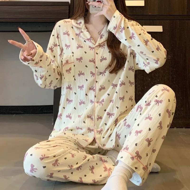 Roupa de dormir feminina sexy doce arco impressão manga longa estudante loungewear cardigan lapela superior calças compridas plus size pijamas homewear