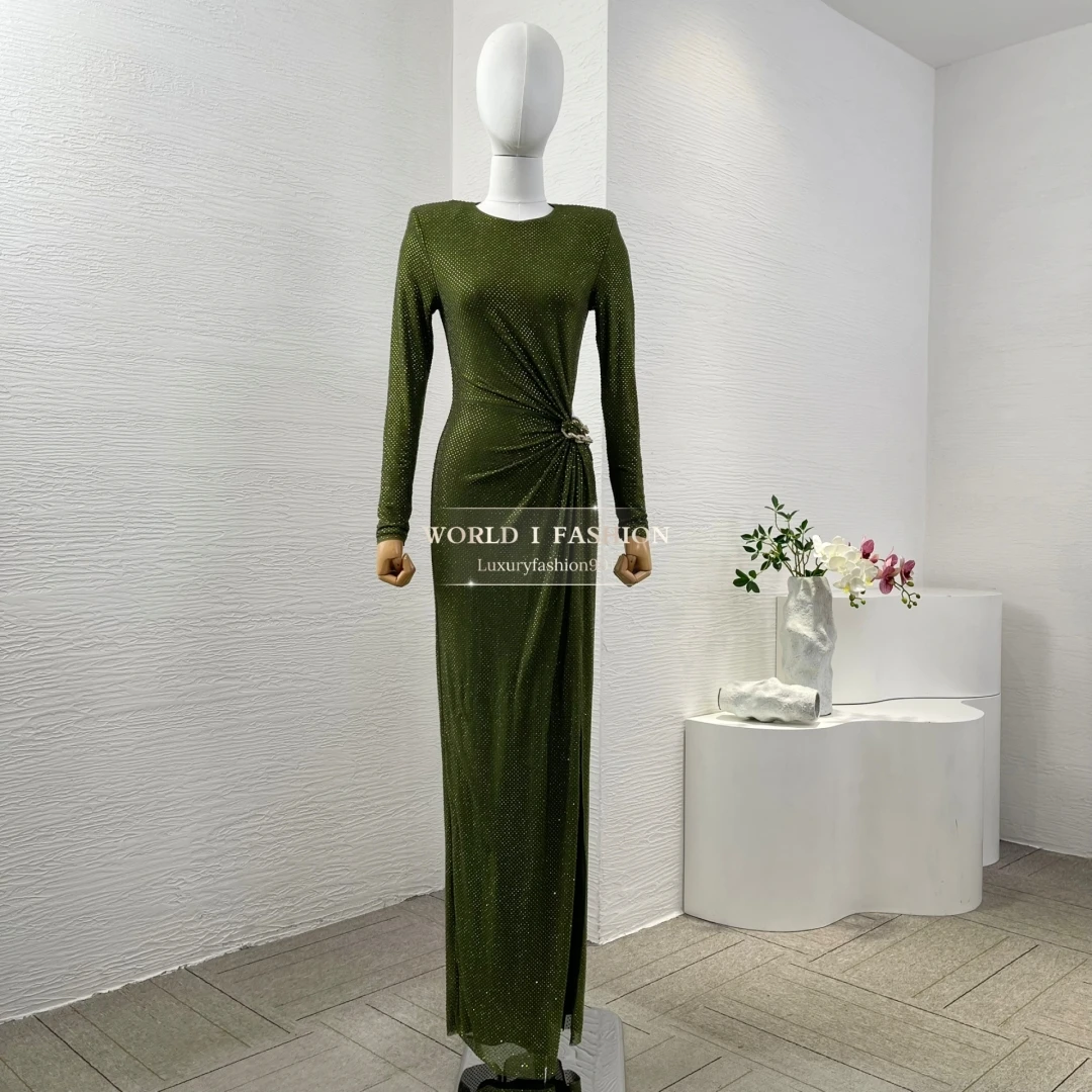 

Woman Clothes Green Long Sleeve Diamonds Pressed Slim Dresses Maxi for Party 2025 New Hight Quality Sweater