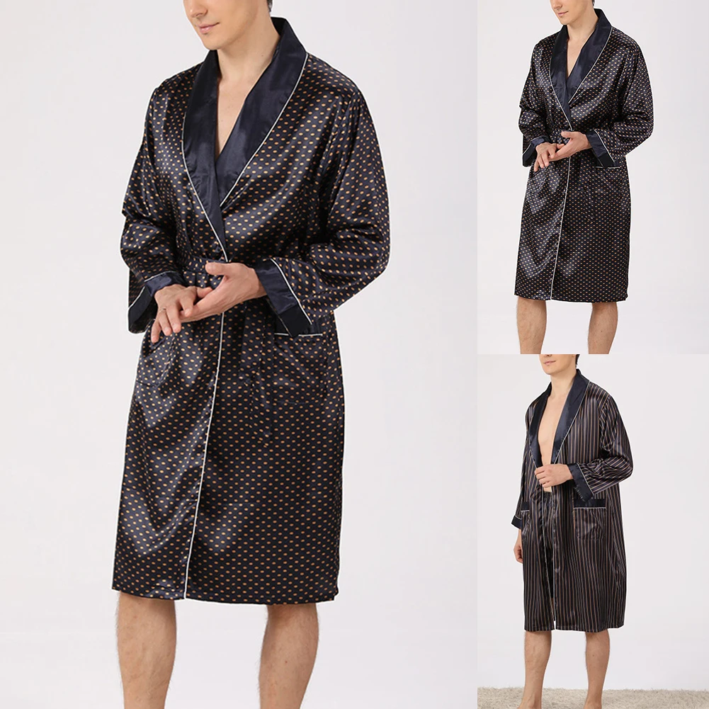 

Fashion Mens Robes Summer Sleep Bottoms Emulation Silk Bathrobe Long Sleeve Lightweight Baggy Pajamas Nightgown Sleepwear