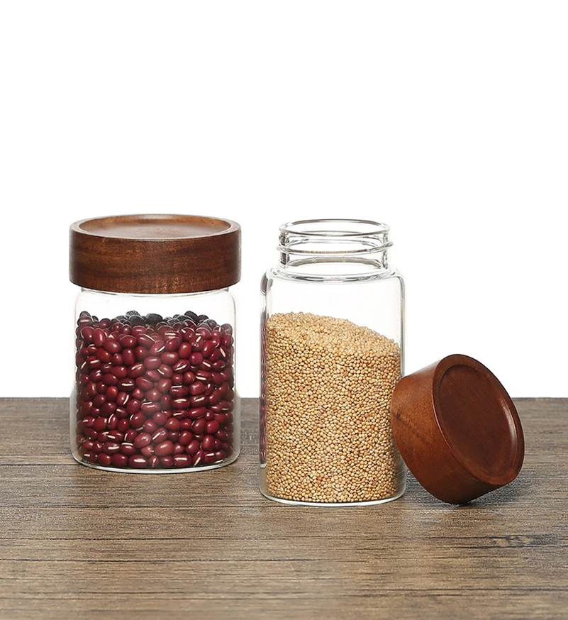 Acacia Wood Storage Jar Transparent With Lid Glass Bottle Food Sealed Jar Resealable Odor Proof Spice Organizer Kitchen Accessor