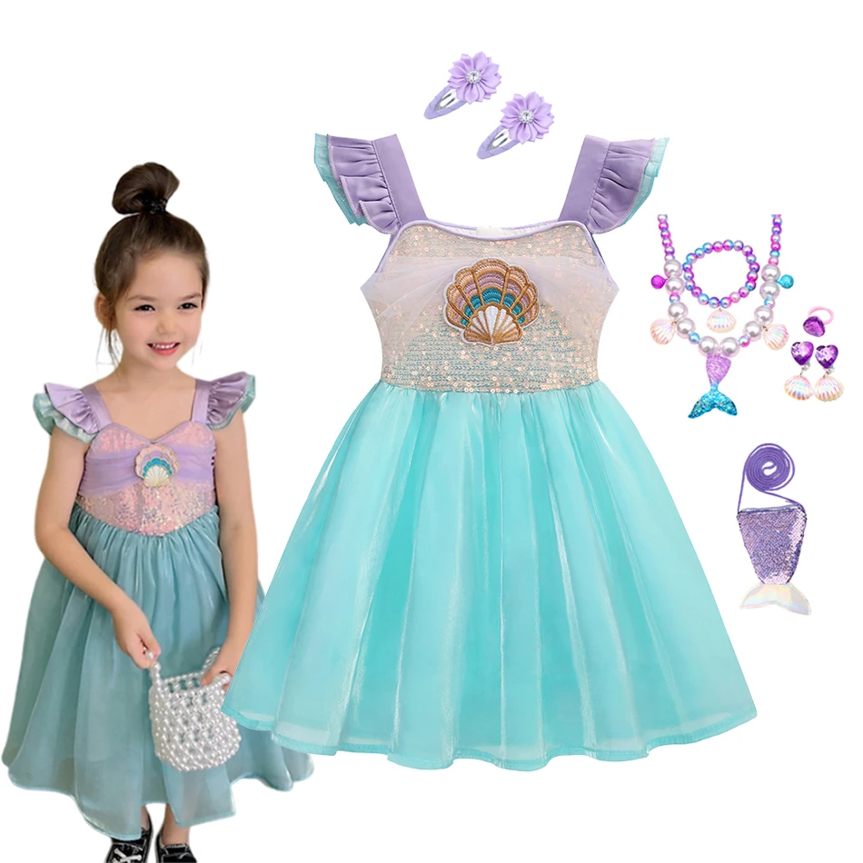 Little Mermaid Vest Dress Children's Korean Style Flying Sleeves Princess Dress Children Birthday Party Clothes 2024 Summer New