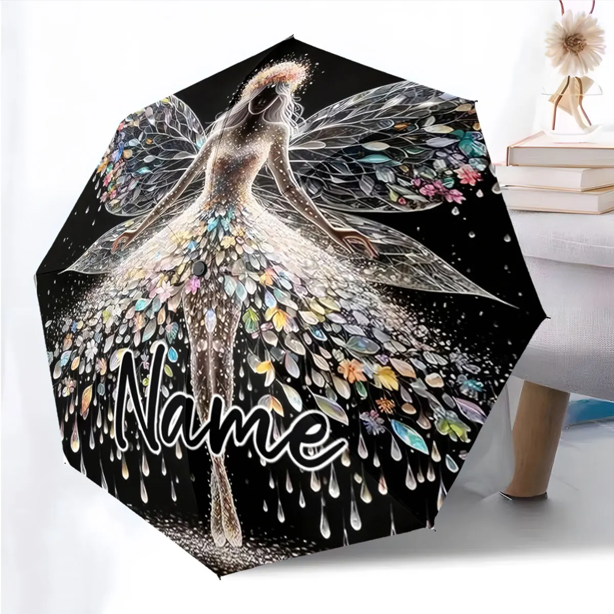 Custom Name Whimsical Fairy Design Umbrella with Unique Art Print 8 Iron Ribs Folding Umbrella, Auto-Open Fashion Sunshade