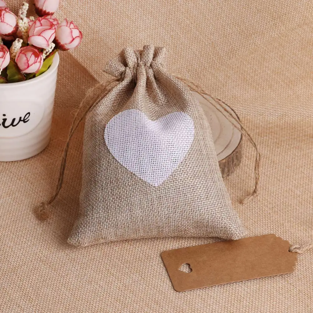 10Pcs/lot Heart Pattern Flax Jute Bags 8x10 10x14 13x18cm Birthday Christmas Party Wedding Burlap Linen Drawstring Gift Bag