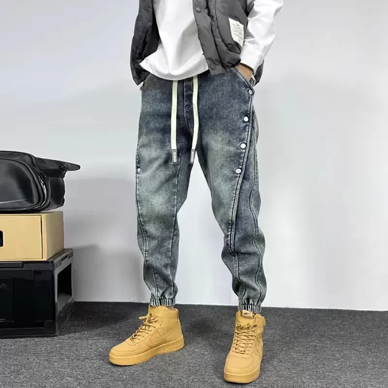 Vintage Washing Blue Jeans Men's Loose Fit Harem Trousers Casual Style Spring Summer Trendy Branded Men's Pants