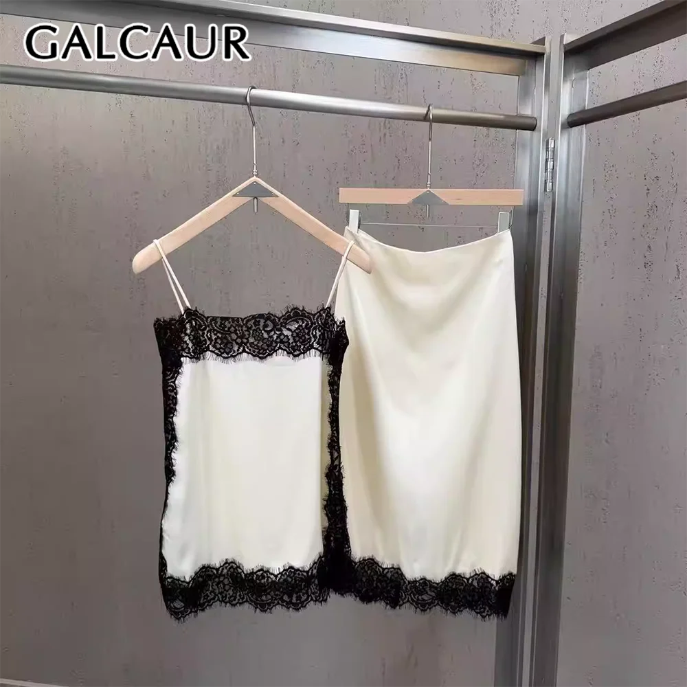 

GALCAUR Colorblock Slmming Spliced Lace Two Piece Sets for Women Square Neck Sleeveless Top Patchwiork Zipper Skirt Set Female
