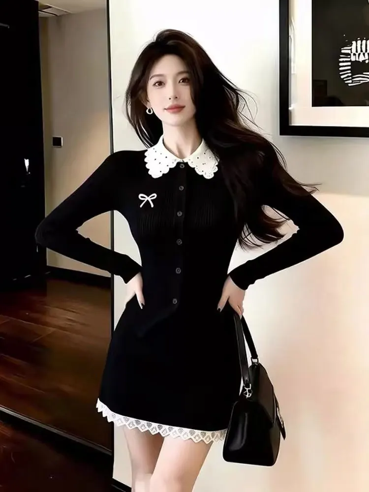 

Korean Sle Sweet And Spicy Girl Doll Collar Long Sve Knitted Top High Waist Bodycon Skirt Two Piece Set for Women