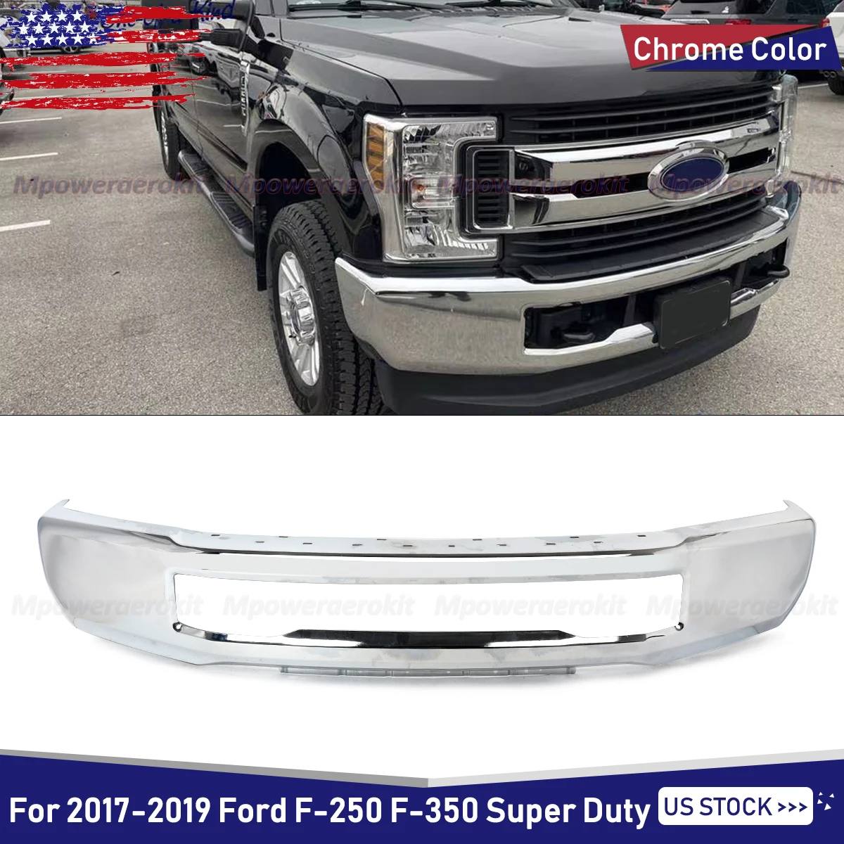 Chrome Front Bumper Face Bar for 2017 - 2019 Ford F-250 F-350 Super Duty Front Bumper Guard Assembly w/o Fog Light Hole Magickit