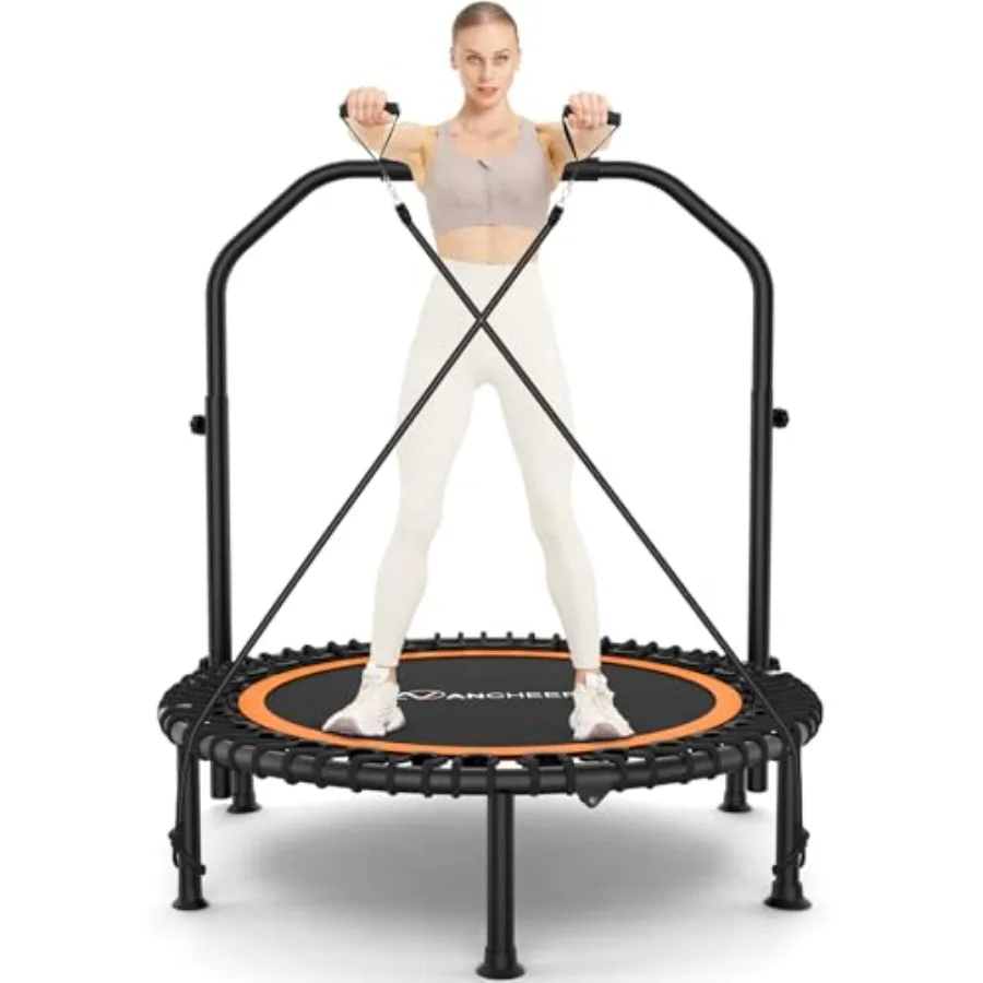 

48in Foldable Mini Trampoline with 550lbs Max Load Indoor Outdoor Use Black Frame with Adjustable Foam Handles and Resi