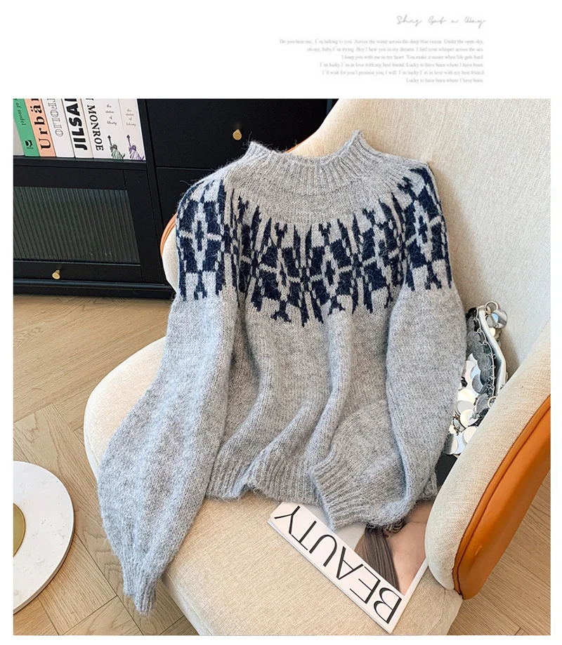 Damski Biały Sweter Fair Lsland Retro Amerykański Lata 2000 Y2k Luźny Miękki Kleisty Sweter z Dzianiny z Bufiastymi Rękawami