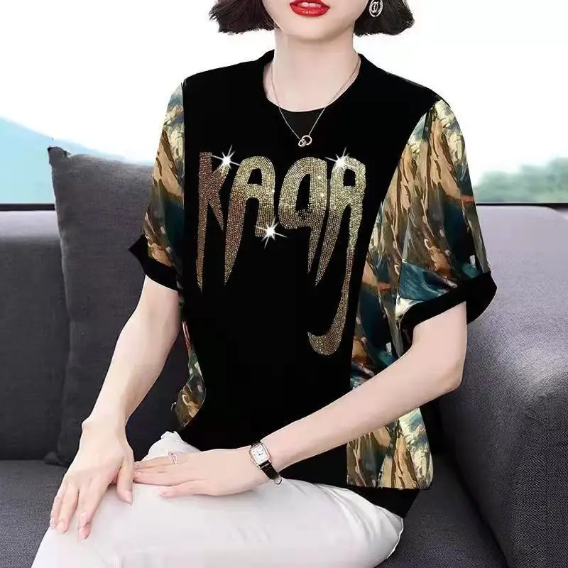 Casual Printed Patchwork Pullovers Fashion Letter Diamonds Floral Summer Loose Female Clothing Round Neck Short Sleeve T-shirt