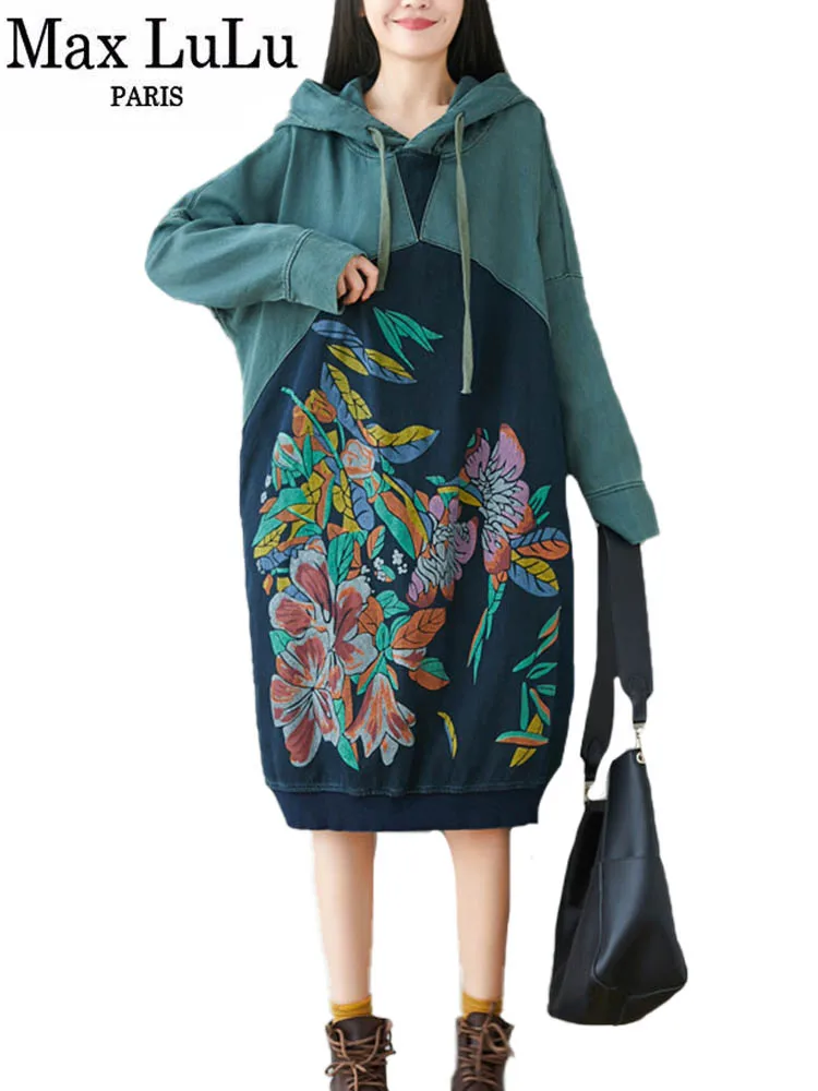 Max LuLu 2021 European Autumn New Design Ladies Printed Hooded Dresses Women Casual Long Sleeve Dress Female Oversized Vestidos