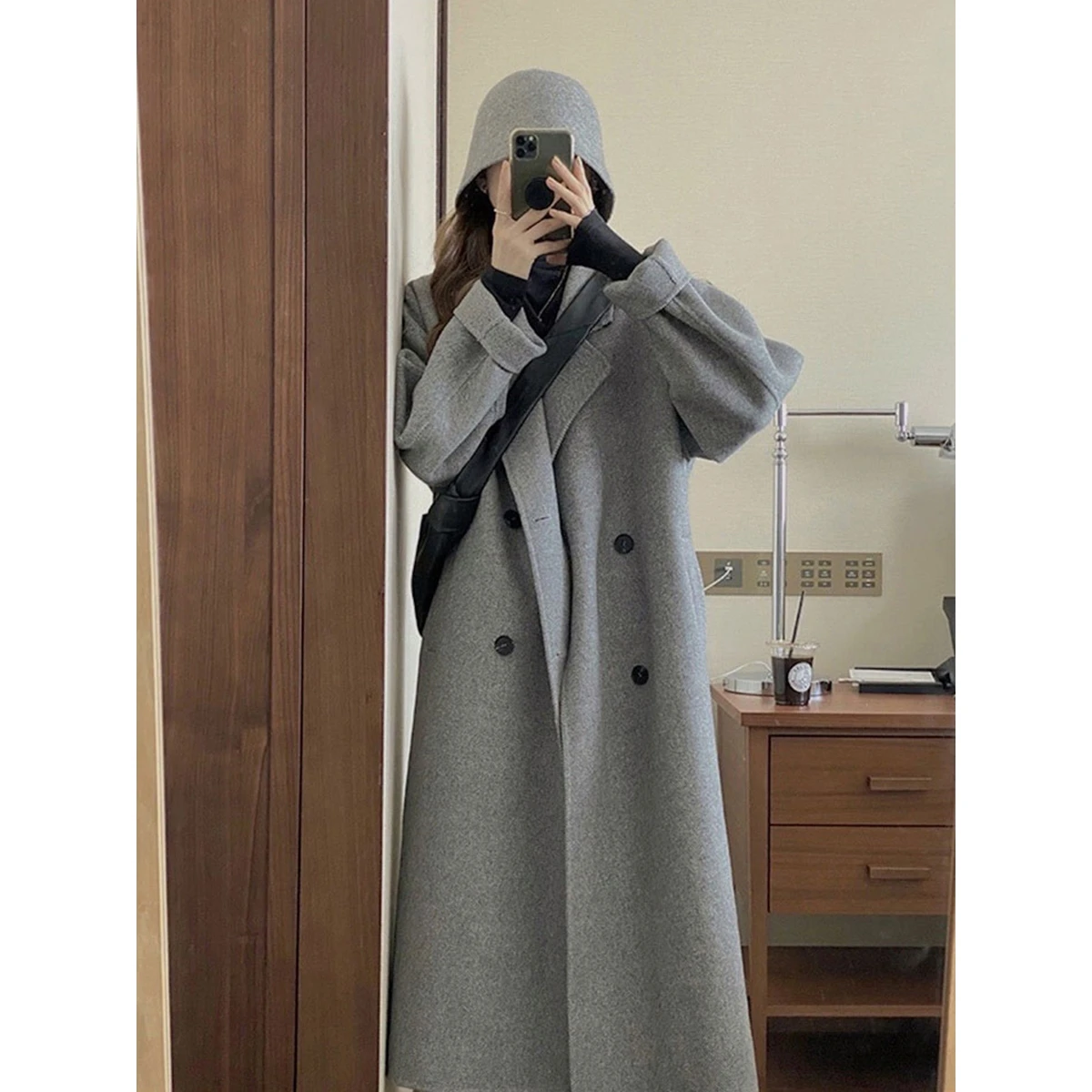 

Off Woolen Coat Women's Mid-Length Waist-Cinching Korean Sle ey Outerwear Ele Commute Button Detail Long Sve
