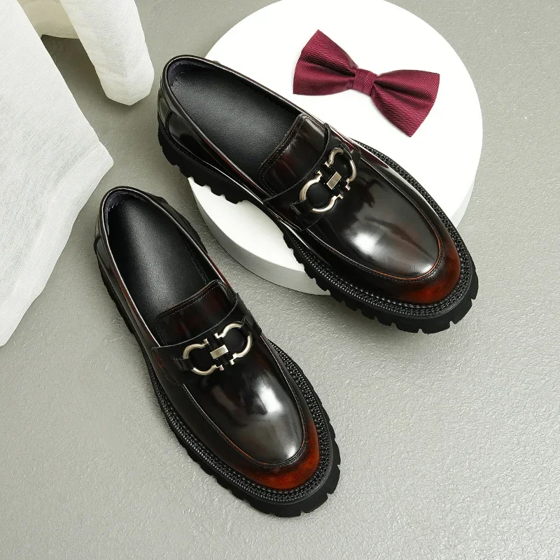 

2024 Men's Business Dress Casual Leather Shoes Genuine Leather Thick Sole Bright Face Lefu Shoes