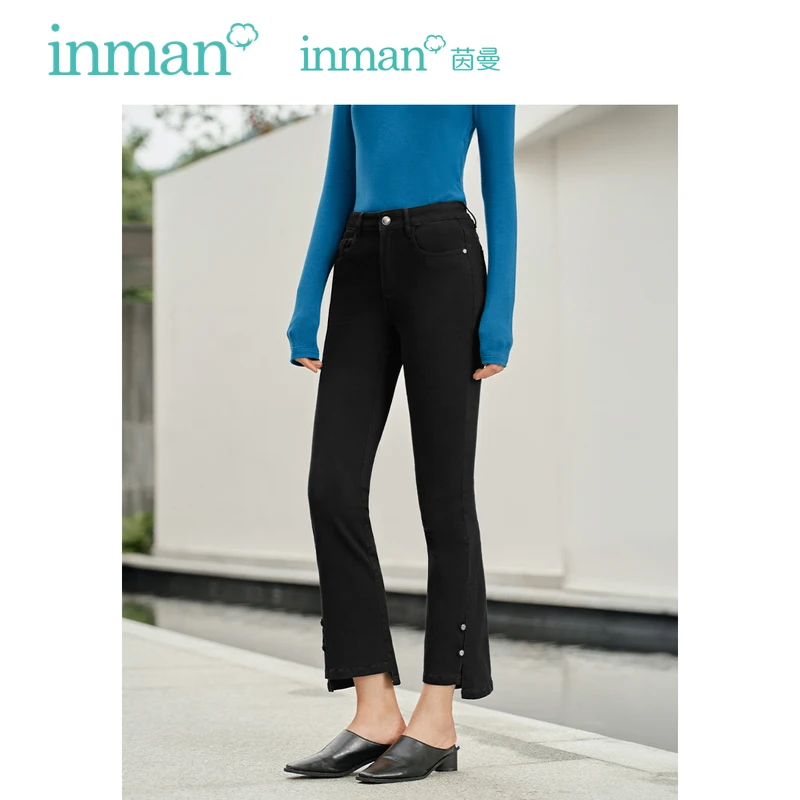 

INMAN Women Jeans 2023 Autumn High Waist Slim Stretch Denim Pants Split Hem Vintage Versatile Black Bell-bottom Trousers