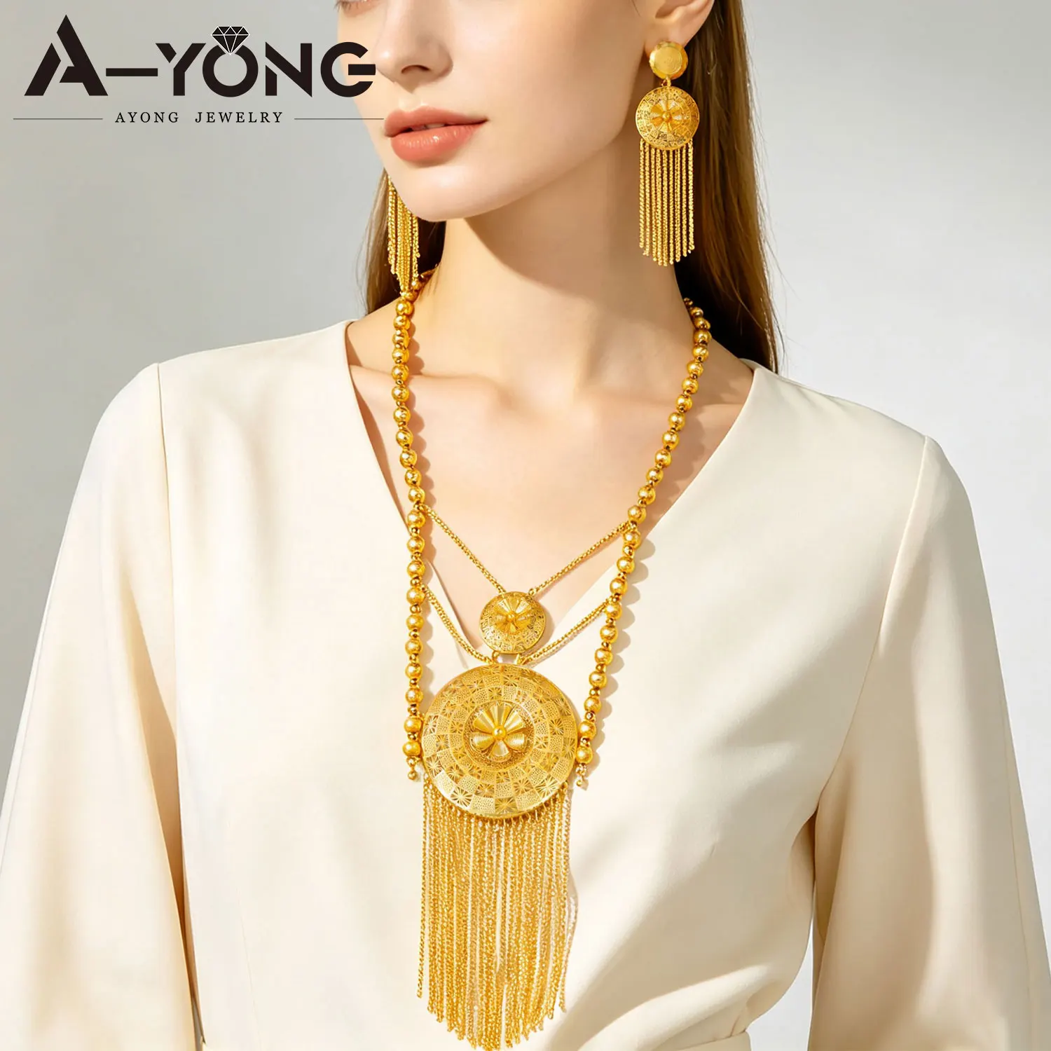 Luxury Arabic Bridal Wedding Jewelry Set India Gold Color Beads Long Necklace Earrings Ethiopian Women Vintage Jewelrys