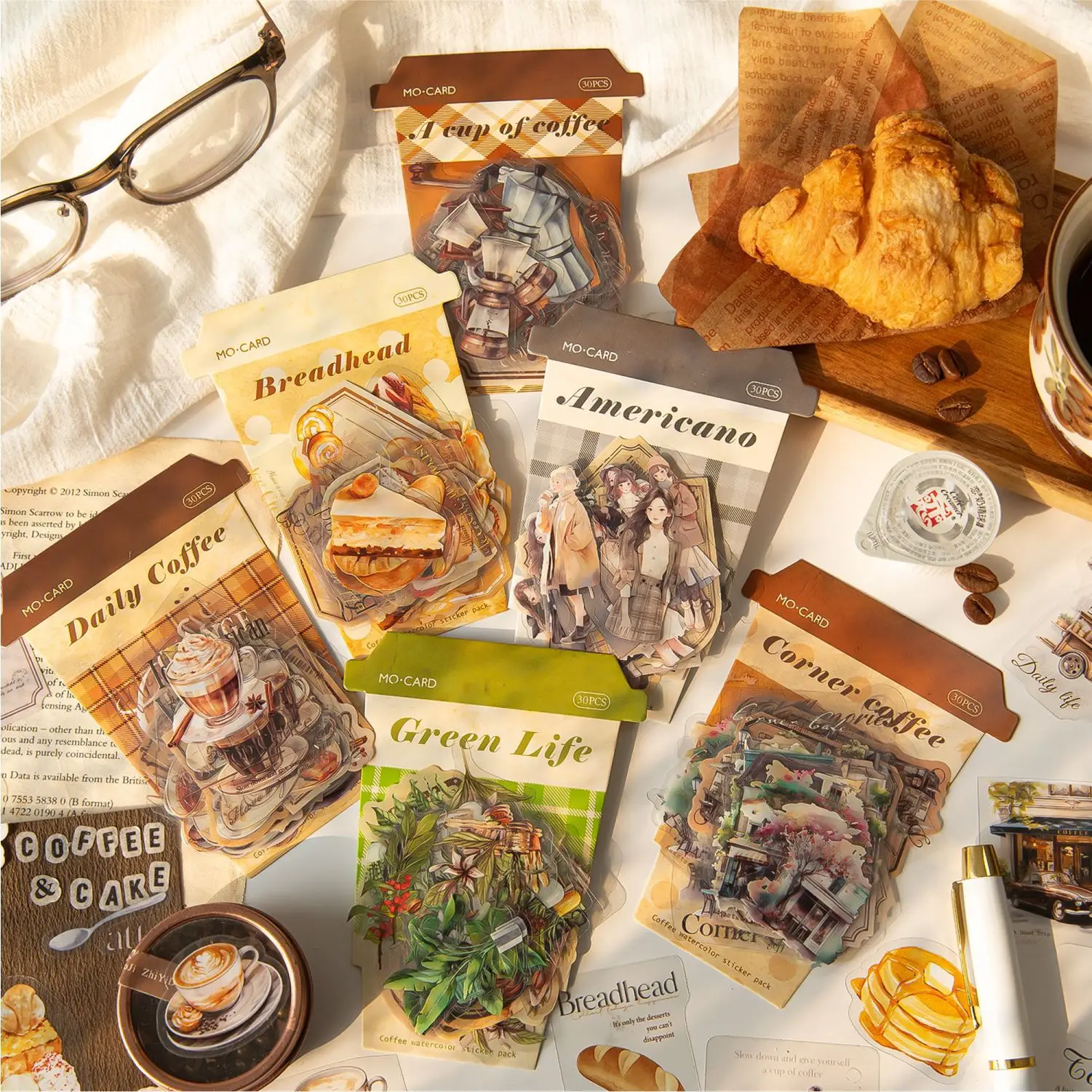 30 Stück Vintage Kaffee Thema PET Aufkleber Pack Kreativität selbstklebend DIY Scrapbooking Tagebuch Album Junk Journal Supplies