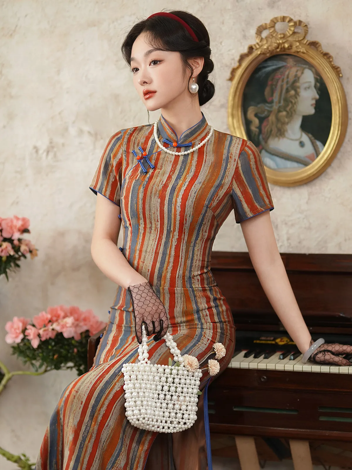 

Old Shanghai Striped Cloud Brocade Cheongsam New Republic of China Style Summer Young Artistic Daily