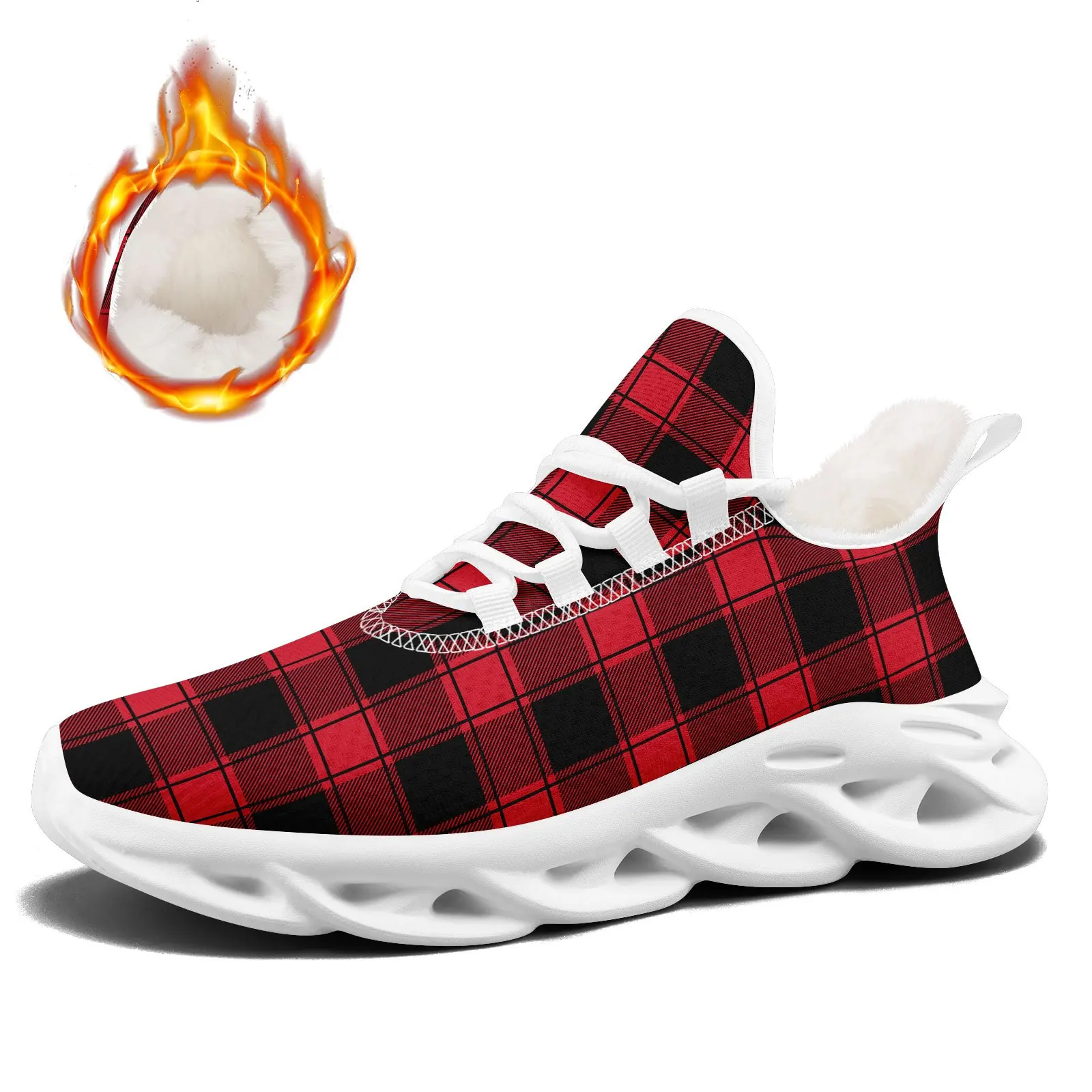 Customization Men'S Christmas Red Black Plaid Fashion Casual Sports Shoes, Trendy Warm Lined Chunky Sole Sneakers, Festive - view 2