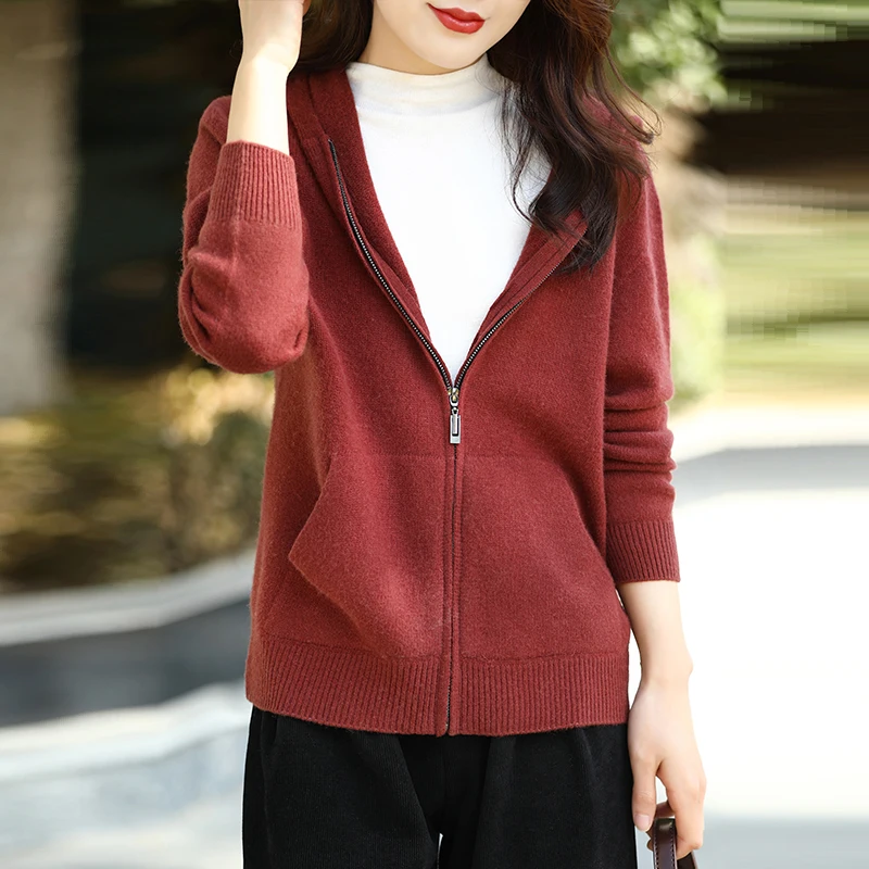 Hooded sweater for female outerwear wearing autumn and winter zippered sweater with thickened soft glutinous pure wool coat