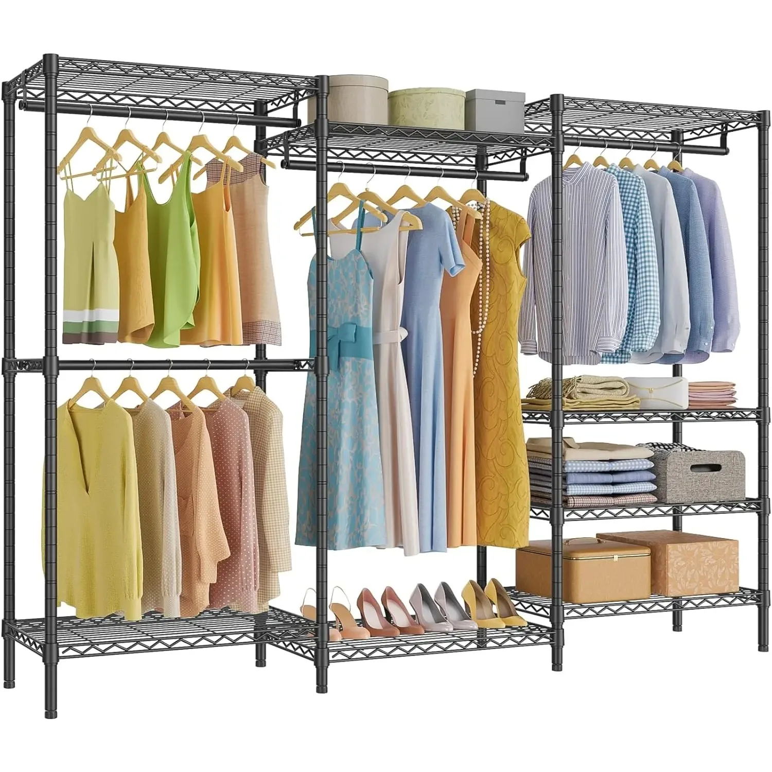 

Portable Closet Wardrobe Heavy Duty Clothes Rack, Freestanding Clothing Rack with 4 Hang Rods & 8 Shelves, Adjustable Closet