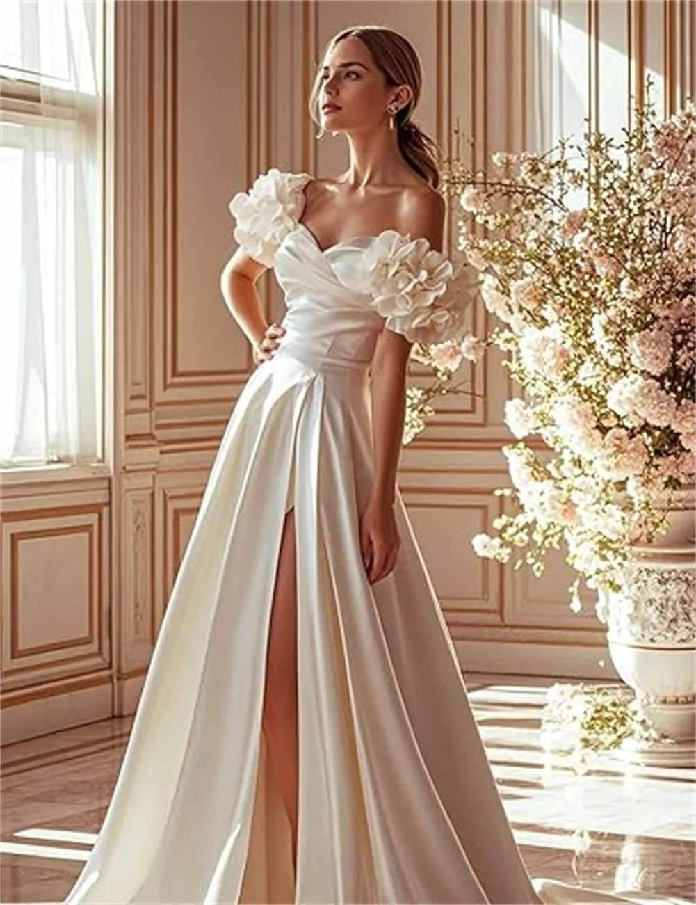 

Customized Off Shoulder Satin Wedding Dresses For Bride Pleated A Line Bridal Gowns 3D Flowers Long Formal Prom Dress With Slit