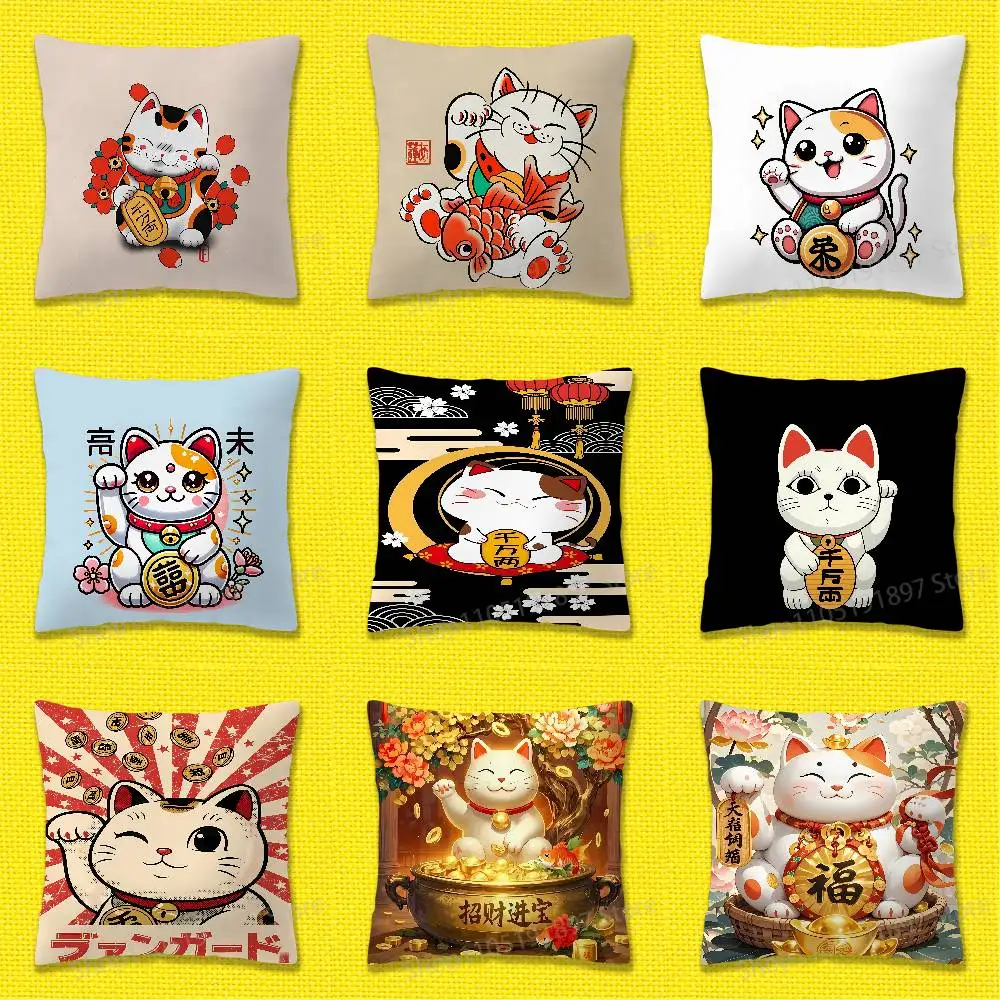

Maneki Neko Lucky Money Cat Throw Pillow Case For 45x45cm 40x40cm 55x55cm 50x50cm 30x30cm Square Car Pillowcase Shell