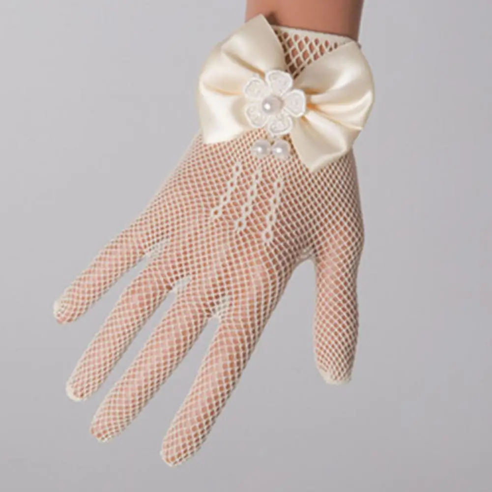 1 Pair Wedding Flower Gloves See-through Hollow Out Big Bow-knot Fishnet Ringbearer Gloves Flower Decor Beads Wedding Gloves