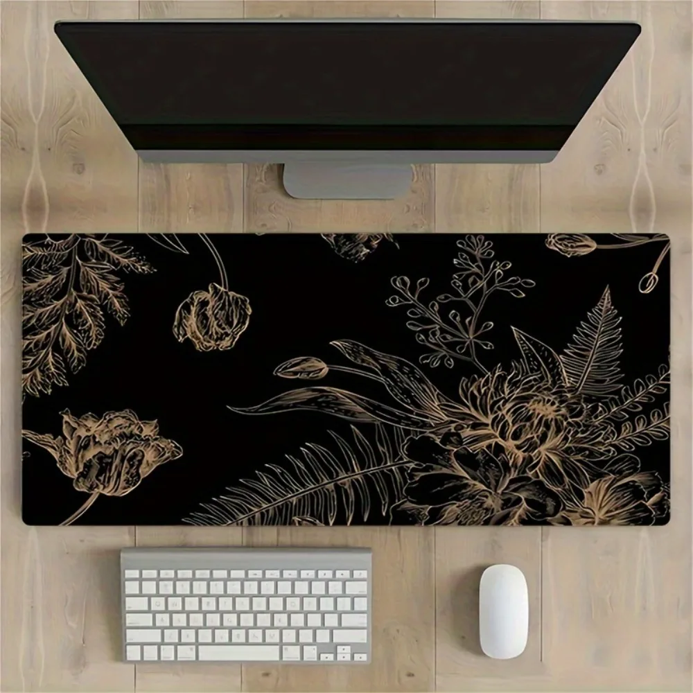 Artistic Gold Botanical Desk Mat, Large Mouse Pad with Non-Slip Base, Elegant Desk Accessory for Home Office