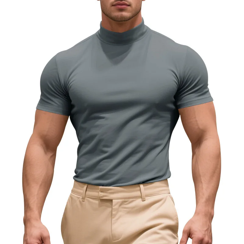 Summer New Men's Running T-Shirt Half High Neck Solid Color Slim Fit Casual Shirt American Fashion Fitness Training Workout Tops