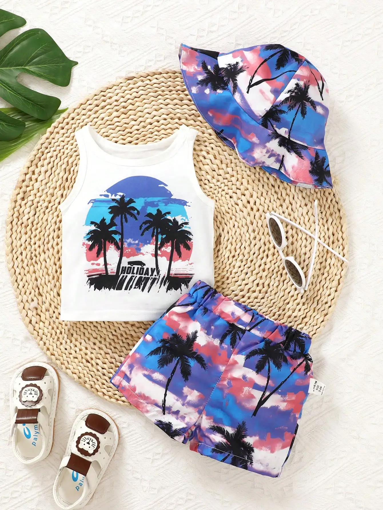 Holiday Style Summer BabyBoys Fashion Set Coconut Tree Print Elastic Waist Shorts Round Collar Sleeveless White Print Vest + Hat