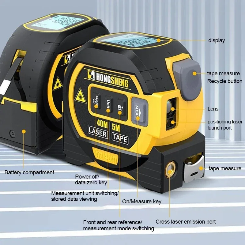 3 In 1 Laser Rangefinder 5M Tape Measure Ruler 40m/60m Laser Distance Meter LCD Display with Backlight for Building Measurement