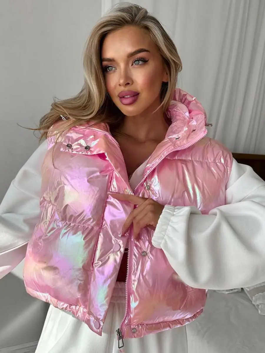 

Женская осенне-зимняя хлопковая куртка с жемчужным блеском и капюшоном на молнии с регулируемой веревкой на талии и синим ремешком Thiened No Sve