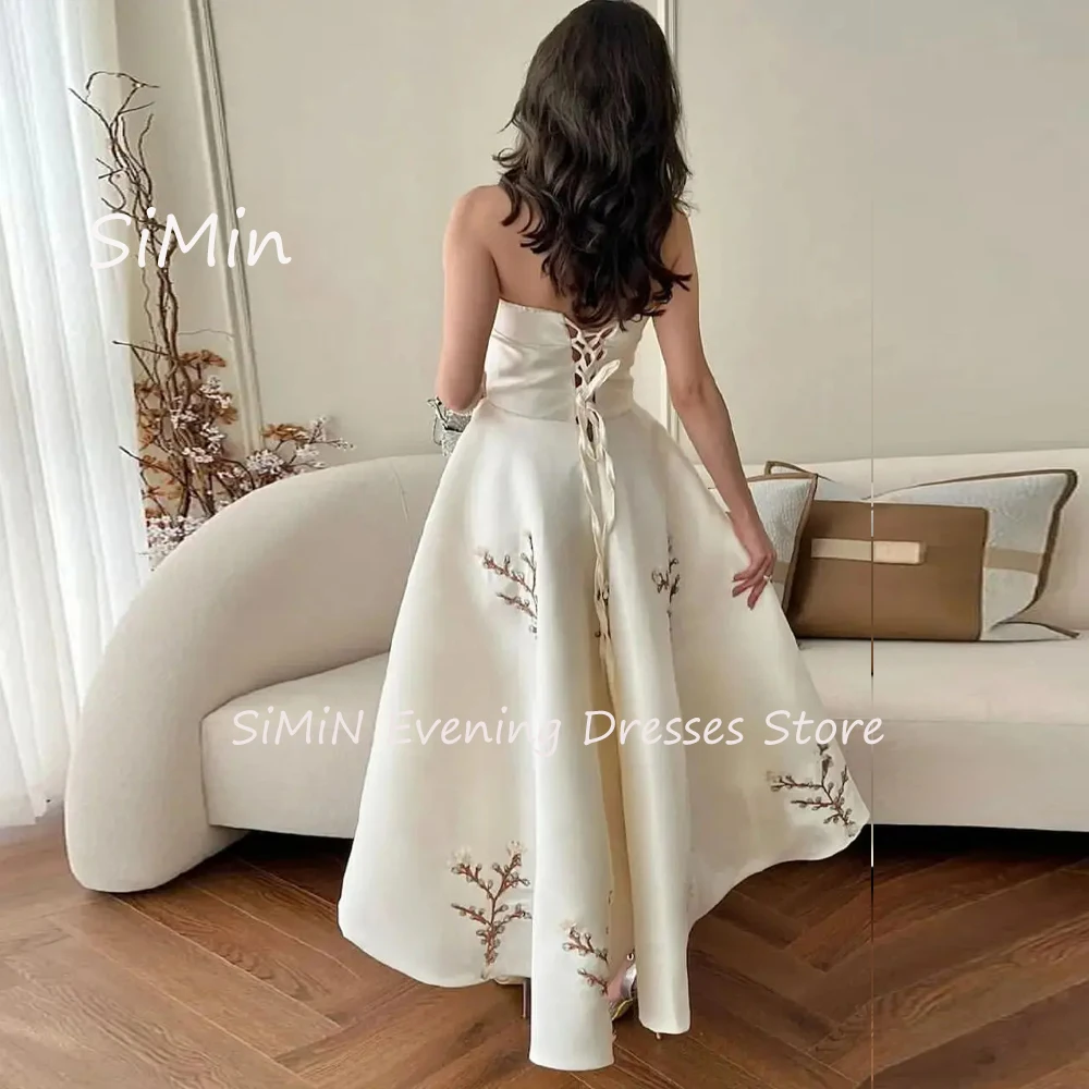 Simin Saudi Strapless Satin A-line Ruffle Sleeveless Embroidery Lace up Ankle-Length Arab Evening Party dresses for women 2024