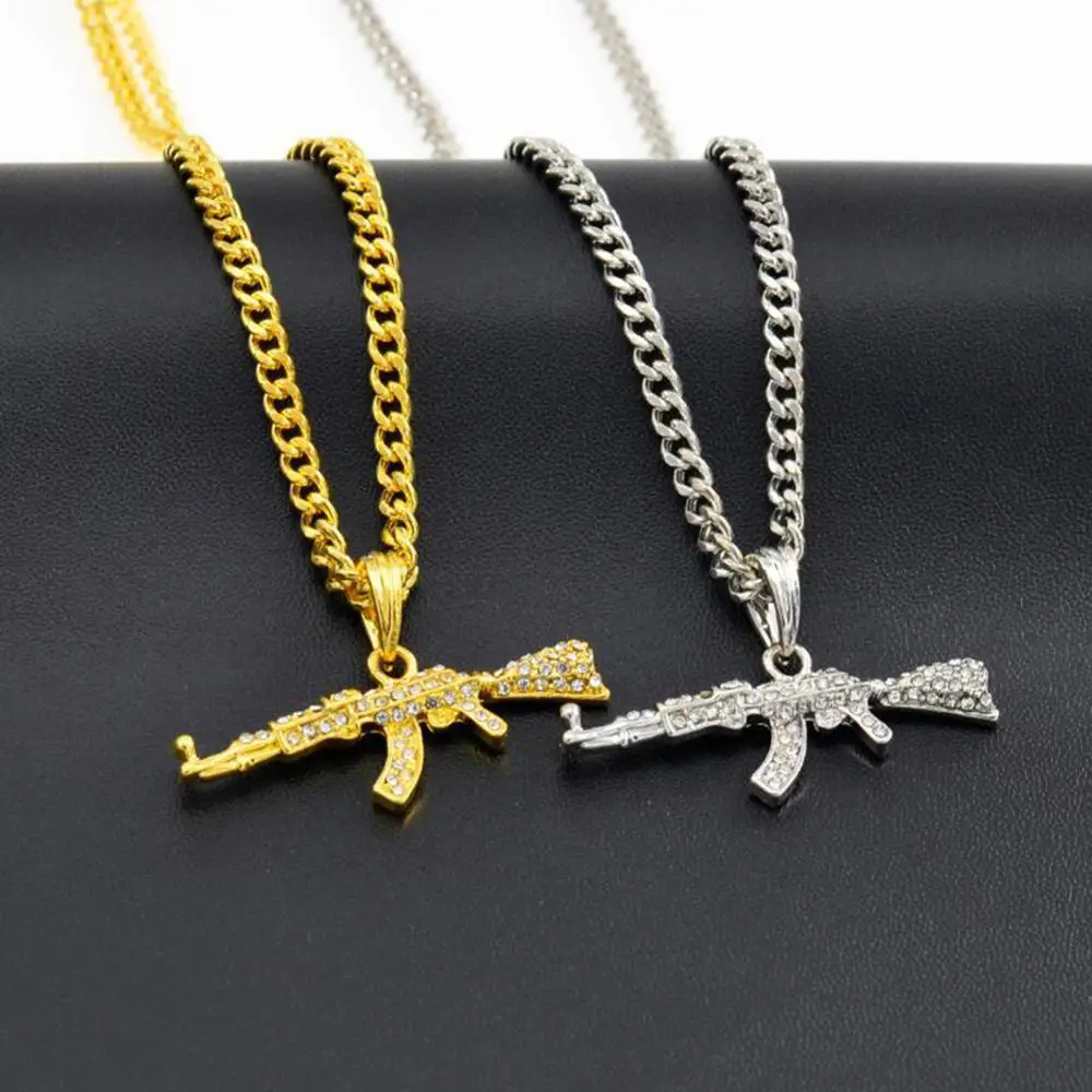 Fashion Creative Hip Hop Submachine Gun Pendant Necklace Crystal Ak 47 Rhinestone Bling Chain Necklace Women Men Rapper Jewelry