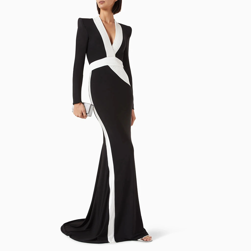 Mermaid Black Prom Dress V Neck Evening Dress Long Sleeves Formal Party Dress Floor Length Saudi Gown With Sweep Train