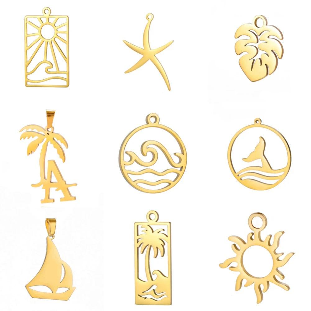 

EUEAVAN 1pc Wave Starfish Sun Stainless Steel Charms Palm Tree Tropical Leaves Ocean Summer DIY Pendant Necklace Accessories