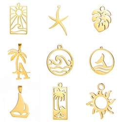 EUEAVAN 1pc Wave Starfish Sun Stainless Steel Charms Palm Tree Tropical Leaves Ocean Summer DIY Pendant Necklace Accessories