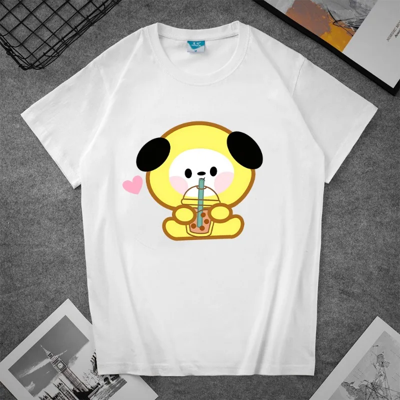 BT21 Cute Doll Cartoon COOKY KOYA Black White Summer Print T-shirt Anime Kawaii RJ Couple Casual Bottom Shirt Loose Short Sleeve